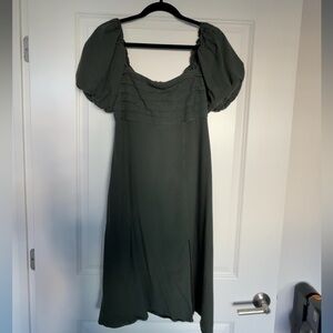 Francesca's Collections Olive Midi Dress with Puff Sleeves